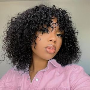 Perruque Bresilienne Cheveux Humain Naturelle Courte Bob Perruque Curly Bresilienne Perruque Femme Cheveux Humain avec frange Bob Wig Human Hair 14 Pouces (chanxiu hair, neuf)