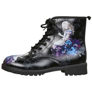 Bottes pour Femmes Bout Rond Talons Bloc Bottines Plateforme Gothique À Lacets Punk Bottes De Combat De Moto en Cuir Imprimé Multicolore Grosses Bottes Courtes (ToBe-One, neuf)