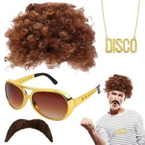 AFRO FUNKY COSTUME- vous montre dans ses couleurs naturelles et accrocheuses. Perruque 7 ans 7 ans Accessoire hippie avec collier | Lunettes moustache Costume Soir&eacute;e apprivois&eacute;e 50S 60S 70, Halloween (zhzxmh, neuf)