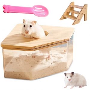 HOMURY Bo&icirc;te de salle de bain en acrylique transparent pour hamsters, hamsters, gerbilles, avec &eacute;chelle, couvercle en bois naturel et pelle, bac &agrave; sable pour hamsters, gerbilles (triangle) (CAUSEWAY CONSTRUCTINO, neuf)
