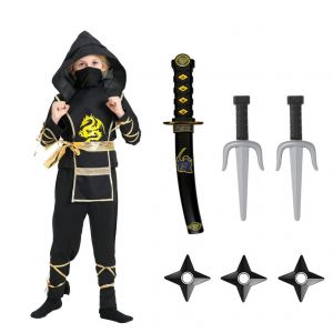 ELINA Costume Ninja Enfant Dragon Doré – Combinaison avec Épée Jouet – Déguisement Halloween, Cosplay, Carnaval, Fête à Thème Garçon ou Fille 6 – 8 ans (LinYu-EU, neuf)