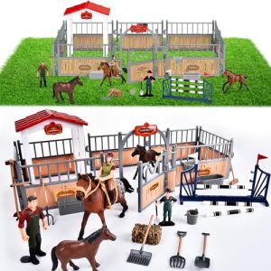 JONRRYIN 55 Pièces Jouets pour l'écurie Ferme Cheval Jouet Set, Jouet Chevaux avec Figurine Cheval Clôture Cadeaux de Noël Anniversaire pour Enfants Garçon Fille (JONRRYIN, neuf)