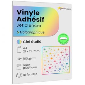 A4 x 10 Feuilles Autocollant Vinyle Holographique avec liner Plastique, Papier adhésif compatible imprimante jet d'encre et plotter, étanche et résistant pour Stickers premium (Ciel étoilé) (StarMaker, neuf)