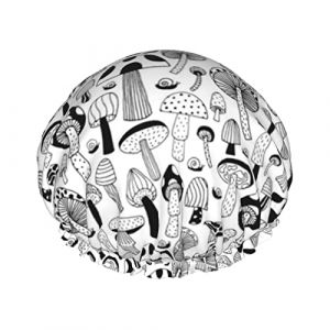 Bonnet de douche imperméable aux champignons noirs et blancs, bonnet de bain élastique pour les cheveux, protection de l'environnement, bonnet de bain pour cheveux, double couche imperméable. (MiddleWen, neuf)
