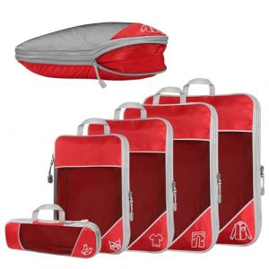 Set de 5 cubes de compression pour voyager, Compression Packing Cube pour organiser vos bagages, ultraléger, sac de rangement, organisateur de valise, pour sac à dos & valise (rouge) (HengYuanDa, neuf)