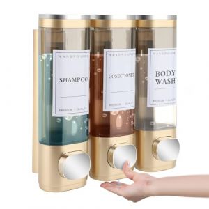 MEKOTRIN Distributeur de Savon Mural, Distributeur Gel Douche, Distributeur Triple de Shampoing et Apr&egrave;s-shampoing sans Per&ccedil;age ABS pour Salle de Bain Cuisine March&eacute; H&ocirc;tel Restaurant 300ML*3(Or) (Canterg, neuf)