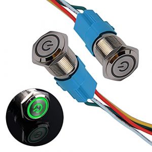 JIQI 2× 16mm Commutateurs à Bouton-Poussoir Momentanés 12V à 24V 3A IP66 1NO 1NC avec Symbole d'Alimentation LED, Commutateurs à Bouton-Poussoir en Métal Imperméable avec Fils de Connexion(Vert) (LUBAN STORE, neuf)