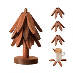 Ensemble de Dessous de Plat en Bois R&eacute;sistant &agrave; la Chaleur, Dessous-de-Plat en Bois en Forme d'arbre pour Plats Chauds, 3 sous-Verres + 1 Support, pour Casseroles, Po&ecirc;les, Bol Assiettes, Th&eacute;i&egrave;re (JetLiuCo, neuf)