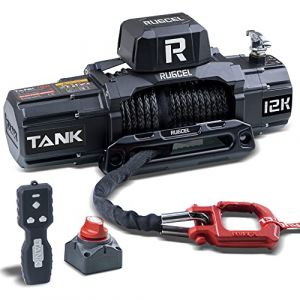 RUGCEL Treuil &Eacute;lectrique 12 V CC Capacit&eacute; de Charge 12000 LBS/5443 kg avec Corde Synth&eacute;tique &Phi; 10,0 mm x 26 m, T&eacute;l&eacute;commande sans Fil et Filaire, pour Remorquage SUV Tout-Terrain,Jeep,Camion,Remorque (RUGCEL WINCH, neuf)