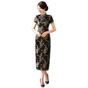 ZNLFS Robe Cheongsam pour femmes, robe de soir&eacute;e &agrave; manches courtes, coupe ajust&eacute;e, style r&eacute;tro, imprim&eacute;e, longue, col montant, Bodycon Qipao, Dragon noir., 44 (dingjuanjuandamai, neuf)