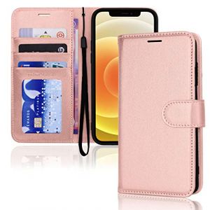 TECHGEAR Etui iPhone iPhone 12, iPhone 12 Pro Portefeuille, Housse en Cuir avec Rabat de Protection, Fentes pour Cartes, Béquille et Dragonne, Cuir PU Rose Gold Compatible avec iPhone 12/12 Pro 6.1" (TECHGEAR Solutions, neuf)