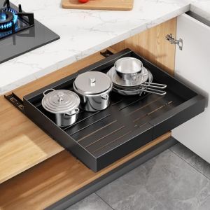 SAYZH Tiroir Coulissant, Extensible Telescopique Cuisine pour Placard de Cuisine, Etagere Rangement Cuisine Sans Percage (43Profondeu x 30-50Largeur x 5.8Hauteur CM, Noir) (HXHOME-EU, neuf)