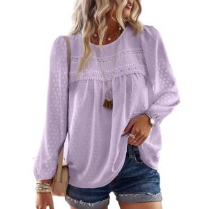 TUUHAW Chemise Femme Chic et &Eacute;l&eacute;gant Automne Grande Taille Manches Longues Boh&egrave;me Top Col Rond Dentelle D&eacute;contract&eacute; Haut T-Shirts Fluide &agrave; Point Suisse Tunique Violet XXL (aiaolan, neuf)