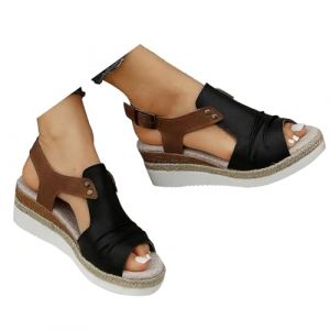 Sandales compensées pour femme - Espadrilles en cuir pour femme - Bout ouvert - Sangle de cheville - Décontractées - Élégantes - Pour l'été - Plate-forme - Sandales à enfiler - Talons compensés, 01 (?Katpost?✈Livraison rapide: 7-21 jours✈, neuf)