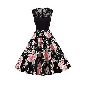AXOE Femme Robe Vintage Ann&eacute;es 50 Pin Up Mi Longue en Coton et Dentelle Robe de C&eacute;r&eacute;monie Taille Empire pour Mariage, Cocktail & Soir&eacute;e Noir F8, Taille 42, L (AXOE-FR, neuf)
