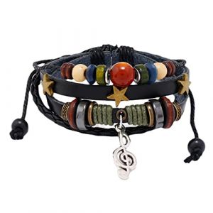 Bracelet en cuir tissé Prosy Bracelets de manchette tressés Bracelets étoiles Note de musique Bracelets perlés Bracelets élastiques tribaux ethniques pour hommes femmes (Noir) (Prosy, neuf)