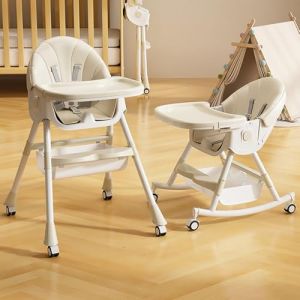 Chaise haute pour bébé enfant 6 en 1 réglable avec harnais 5 points, de la naissance à 6 ans,Réglage rétractable à 4 positions, plateau de service, roues et cheval à bascule,Beige (Willanmd, neuf)