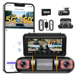 Volam 360&deg; 4 Canaux Dashcam Voiture Avant Arriere, &Eacute;cran 3.16" & 5GHz WiFi App Contr&ocirc;le Cam&eacute;ra Embarqu&eacute;e Voiture avec Carte SD 128G, Vision Nocturne IR, 24H Parking Monitor avec Kit de C&acirc;blage Incluse (LIGHTSHOP, neuf)