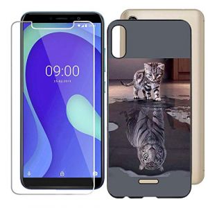 JIENI Coque pour Wiko Y80 Souple Noir Silicone TPU Tigre et Chat Cover Housse Bumper &Eacute;tui Protection Case + Verre tremp&eacute; &eacute;cran Film Protecteur pour Wiko Y80 (5.99") (AQGG, neuf)