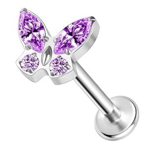 ESHIONER G23 Titane Piercing Tragus Helix Labret Piercing Oreille Cartilage Piercing Levres Bouche Bioflex Conch Flat Stud Piercing Hypoallergénique Argent violet Bijoux Medusa Papillon 16g 8mm (ESHIONER Jewellery Outlet, neuf)