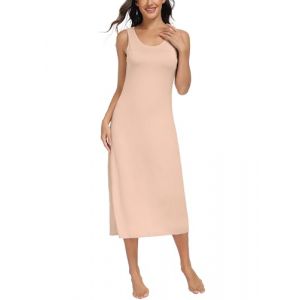 Lovasy Fond de Robe Longue Lingerie Femme en Modal sous Robe &Eacute;l&eacute;gant Col Rond avec Bretelles Larges Sexy Slip Chemise de Nuit Antistatique Gainant,A-Beige,M (Lovasy Direct, neuf)