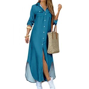 OMZIN Robe Chemise pour Femme avec Manches Retrouss&eacute;es Et Boutons Robe d'&Eacute;t&eacute; D&eacute;contract&eacute;e pour La Plage avec Poches Bleu Paon M (Mosesi, neuf)