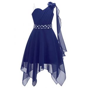 YiZYiF Enfant Fille Robe Princesse Soirée Mariage Cérémonie Strass Une Epaule à Fleur Mousseline Robe Demoiselle d'honneur Bal Fête 5-16 Ans Bleu Marine 11-12 Ans (Shifang, neuf)