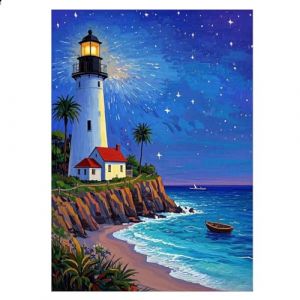 JISHSHAY Diamond Painting Rond Phare Bord de Mer Diamant Painting Perles Rondes Paysage Peinture Diamant Bricolage Adulte Kit Broderie Puzzle Adulte Point de Croix Canevas Kit Complet 30&times;40 cm (PUTIBUTUI-EU, neuf)