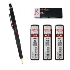 rOtring Porte-mine 800 0,5 mm 1904447 &ndash; Noir | 3 recharges de mine Tikky HB &ndash; 0,5 mm | Gomme B20 (Famica FR, neuf)