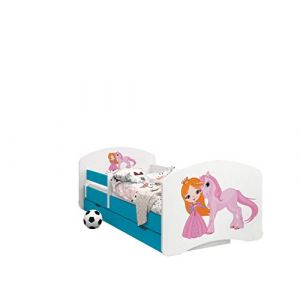 Happy Babies - LIT D'ENFANT DOUBLE FACE AVEC TIROIR Design Moderne Avec Bords Sûrs et Matelas en Mousse Antichute 7 cm Bleu (Princesse et licorne, 180x90) (EuroTrip, neuf)