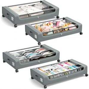 PHINOX Bo&icirc;te de rangement sous lit avec roulettes, 4 pi&egrave;ces (74x42x16 cm) - Bo&icirc;te de rangement grise avec couvercle transparent en tissu et m&eacute;tal pour v&ecirc;tements, chaussures, jouets (jingchenzhimei, neuf)