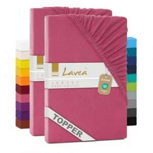 Lavea&reg; Lot de 2 Draps-Housses pour Surmatelas/Topper 180x190/200 cm &ndash; Jersey 100% Coton &ndash; pour Surmatelas Jusqu&rsquo;&agrave; 12 cm &ndash; avec &Eacute;lastique Tout Autour &ndash; Corail (B&D Textiles, neuf)