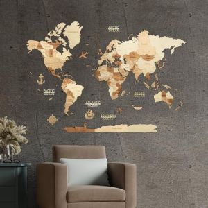 Creatifwood Carte du monde en bois 3D pour d&eacute;coration murale - Mappemonde en Bois - Art mural - Pour salon, bureau ou chambre (Amber, 100L x 70l cm, Sans cadre) (HARMANDI CreatifWood, neuf)