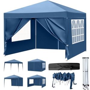 LEADZM 3x3m Tonnelle de Jardin Pliable,Pop-up Barnum,Réglable en Hauteur, Imperméable,Protection UV 50+,avec 4 Côtés,Cadres en Acier,Convient pour la Fête, l'extérieur,Patio,Camping,Bleu (VICTOPV, neuf)