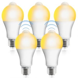 Lot de 5 ampoules LED E27 avec détecteur de mouvement, ampoule LED avec détecteur de mouvement PIR Lampe 12 W blanc chaud 2700 K capteur de lumière lampe à économie d'énergie pour couloir garage (RAMONISA SHOP, neuf)
