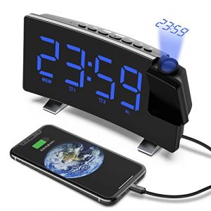 VORRINC Radio R&eacute;veil &agrave; Projection, R&eacute;veil Projection Plafond 180&deg;, Horloge Num&eacute;rique FM USB avec Double Alarmes, Snooze, Minuteur de Mise en Veille, 12/24h, Grand &eacute;cran LED avec Gradateur (Bleu) (BSDZ, neuf)