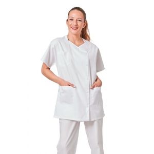 Hurry Jump Label Blouse Tunique médicale et esthticienne col trapèze 3 Poches Sergé 210 gramme Couleurs Blanc Pressions inoxydables Lavage Machine 90 degrés ou Industriel T1-38/40 (Label blouse, neuf)