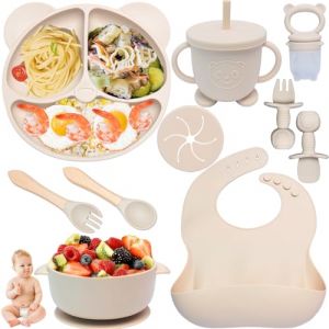 Kinyoda Coffret Repas Bebe 10 Pièces, Assiette bebe Set Vaisselle Antiderapant Silicone avec Ventouse Assiette Bol Fourche Cuillère Bavoir et Tasse, Enfant Set Couverts Vaisselle, Sans BPA, Beige (JYD Direct, neuf)