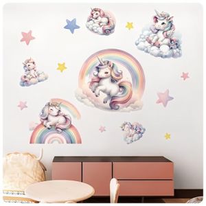 DEFGNOP Stickers Muraux Arc, Stickers Chambre Fille, Ciel Autocollants Muraux Mural Licorne Arc en Ciel des Fleurs pour Fille Chambre Enfants B&eacute;b&eacute; P&eacute;pini&egrave;re (LI DE YUN DE DIAN, neuf)