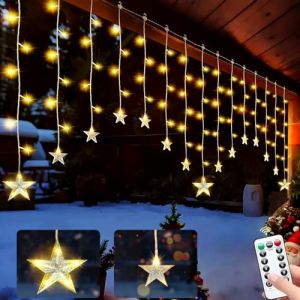 Buudala Rideau Lumineux Étoile, 2 * 1M 15 étoiles 108 LED Rideau lumineux avec Télécommande, Minuterie et Gradation - 8 Modes pour Noël, Mariage, Chambre, Fête Décoration - Blanc Chaud (PAVLIN TRANS STORE, neuf)