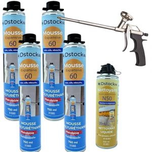 DSTOCK60 - LOT DE 4 MOUSSES PISTOLABLES + 1 PISTOLET + 1 NETTOYANT - MOUSSE EXPANSIVE 750 ML - MOUSSE POLYURÉTHANE PROFESSIONNELLE - ISOLE, COLLE ET REBOUCHE - EXTÉRIEUR ET INTÉRIEUR (DSTOCK60, neuf)