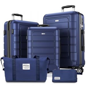 SHOWKOO Lot de 5 Valise Rigide de Voyage Légère PC+ABS Extensible Durable Trolley Sets de Bagages Cabine avec Trousse de Toilette et Sacs de Voyage, Bleu (USA Travels, neuf)