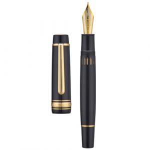 Wikult Yongsheng Junlai 930 Stylo Plume Acrylique, #9 pointe fine avec syst&egrave;me de remplissage &agrave; piston, r&eacute;servoir d&rsquo;encre de cl&ocirc;ture noir piano avec design plat (Garniture Dor&eacute;e) (JianHang Office, neuf)