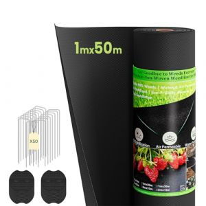 Dripex Toile de Paillage avec 50pcs de Piquets Contre Les Mauvais Herbes, G&eacute;otextile Non Tiss&eacute; 1mx50m Toile de Paillage, 100g/m&sup2; Anti-Mauvaises Herbes, Perm&eacute;able &agrave; l'eau, R&eacute;siste Rayons UV (Elektronik Trade, neuf)