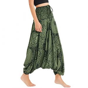Nuofengkudu Femme Hippie Sarouel Combinaison Pantalon Bretelles Jumpsuit Taille Haute Large Boheme Fleuri Imprimé Leger Grande Thai Yoga Pants Homewear Coloré Ete Plage Roses Vert Foncé (better Life, neuf)