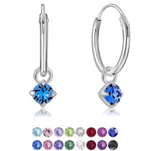 DTPsilver&reg; Boucles d'oreilles PETITES Cr&eacute;oles en Argent Fin 925 avec petit Pendentif 3 mm Cristaux de Swarovski&reg; Elements Ronds - &Eacute;paisseur 1.2 mm - Diam&egrave;tre: 12 mm - Couleur: Saphir Bleu (DTPSilver, neuf)