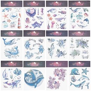 GORGECRAFT 12 Feuilles Animaux de L'Oc&eacute;an Tatouages Temporaires Amovibles Corps Autocollants Papier Bleu Violet Tortue de Mer Poisson Rouge Dauphin Baleine Coquillage Pieuvre &Eacute;toile de Mer Costume (GORGECRAFT FR, neuf)