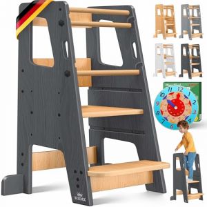 KIDIZ&reg; Tour d'apprentissage pour enfants &agrave; partir de 1 an avec horloge d'apprentissage | Marchepied r&eacute;glable en hauteur sur 3 niveaux en bois de pin | Favorise la motricit&eacute; ludique et la tour (WMK Trading GmbH, neuf)