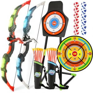 Lot de 2 arcs et fl&egrave;ches avec grande cible de fl&eacute;chettes de 73,7 cm, ensemble de tir &agrave; l'arc lumineux &agrave; DEL pour enfants avec 20 fl&egrave;ches &agrave; ventouse et 12 balles adh&eacute;sives pour int&eacute;rieur et ext&eacute;rieur (DuoYouMi UK, neuf)