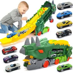 YADODO Camion Dinosaure Jouet Enfant avec 8 Petites Voitures, Dinosaure Jouet Camion Transporteur Portable Pliable Circuit Voiture Enfant Gar&ccedil;ons Filles 3 4 5 6 Ans (Vert) (YADODO, neuf)